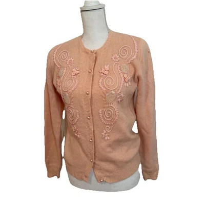 Cardigã suéter vintage pequeno sofisticado botão pérola lã de cordeiro angorá pequeno - Imagem 1 de 4