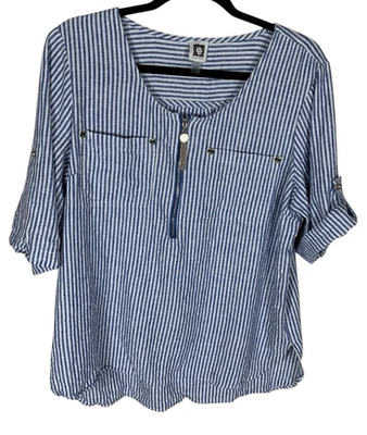 Anne Klein 蓝色白色闪亮条纹亚麻混纺短袖上衣 L — 第 1/4 张图片