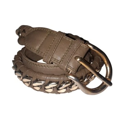 Vtg JUTTA REISSIG Leather Belt w/Wrapped Chain Inlay Olive/Silver Sz M Germany - Изображение 1 из 4