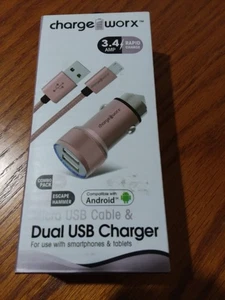 Chargeworx Duel USB Car Charger 3.4amp 3ft Micro USB Cable Rose Gold NEW in box! - Picture 1 of 2