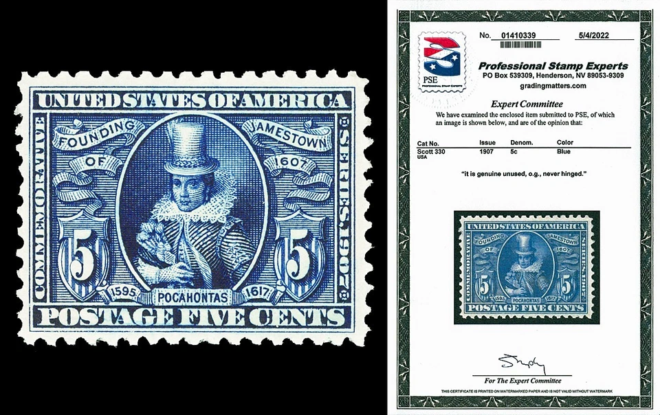 Scott 330 1907 5c Blue Jamestown Exposition Mint F-VF OG NH with PSE CERT - Image 1 of 1