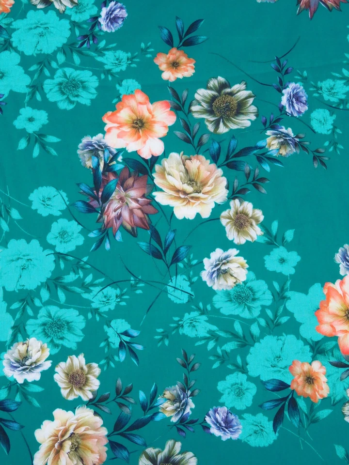 Teal Blue  Floral Cotton Hanako Digitally Printed Sateen Summer By the Yard   - Изображение 1 из 2