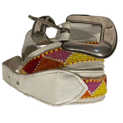 White Leather Belt with Red-Orange-Pink-Yellow-White Beading - Image 1 of 4