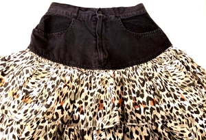 Vintage black denim & leopard ruffled skirt short flirty 90s jean skirt XS - Picture 1 of 4