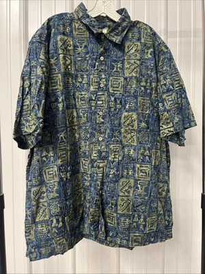 Camisa masculina TravelSmith vibração tribal havaiana botão tamanho XXL manga curta azul - Imagem 1 de 4