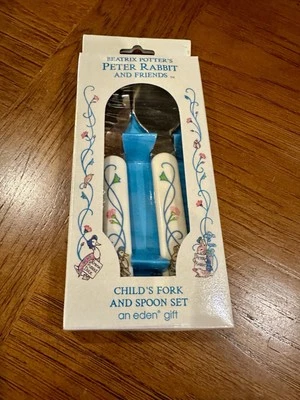 CUCHARA Y TENEDOR INOXIDABLES VINTAGE BEATRIX POTTER Peter Rabbit Jemima charco pato - nuevo en caja Foto 1 de 4