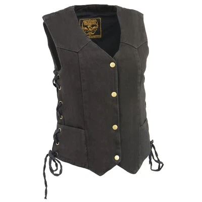 Chaleco de mezclilla occidental Milwaukee de cuero MDL4001 para mujer negro con encaje lateral 4 broches delantero Foto 1 de 4