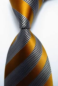 New Classic Striped Gold Black White JACQUARD WOVEN 100% Silk Men's Tie Necktie - Picture 1 of 2