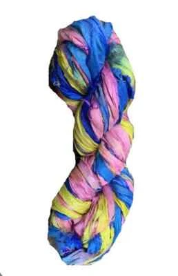 Recycled Sari Silk Ribbon Yarn -Pink, Yellow, Blue Shaded -50 GMS - Boho Ribbon - Image 1 of 4