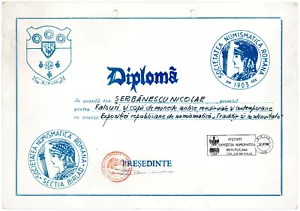 Rumania, 1988, Diploma de la Sociedad Numismática Rumana - Exposición Birlad - Imagen 1 de 1