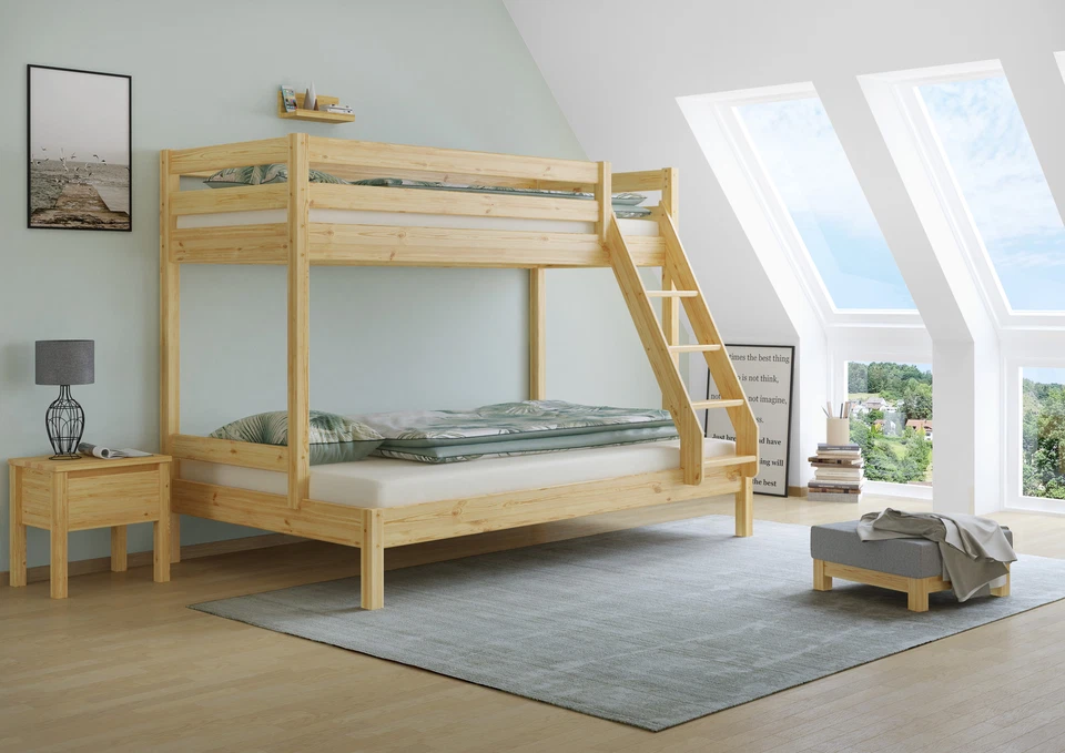 Doppel-Etagenbett 120x200 und 80x200 Erwachsenen-Stockbett Kiefer Massiv natur - Bild 1 von 1