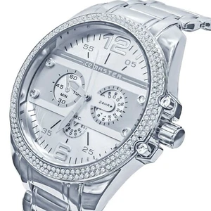 14K Silver Tone Mens Micro Pave Analog Simulated Diamond Wrist Watch Metal Band - Picture 1 of 4