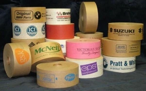 GUMMED TAPE KRAFT REINFORCED CUSTOM PRINTED 1 COLOR 10 ROLLS 450' EA  60 CASES  - Picture 1 of 4