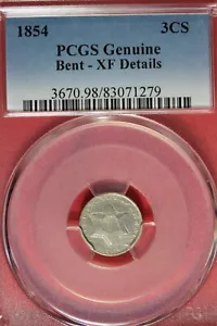 1854 PCGS GENUINE BENT XF DETAILS 3 CENT SILVER #B49028 - Picture 1 of 2