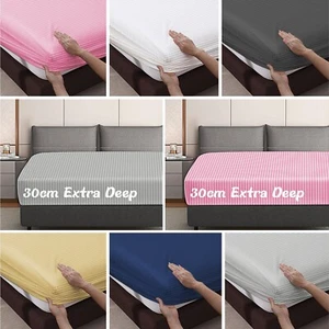 Extra Deep 25 cm Fitted Sheet Stripe Bed Sheets Single Double Super King Size - Picture 1 of 99