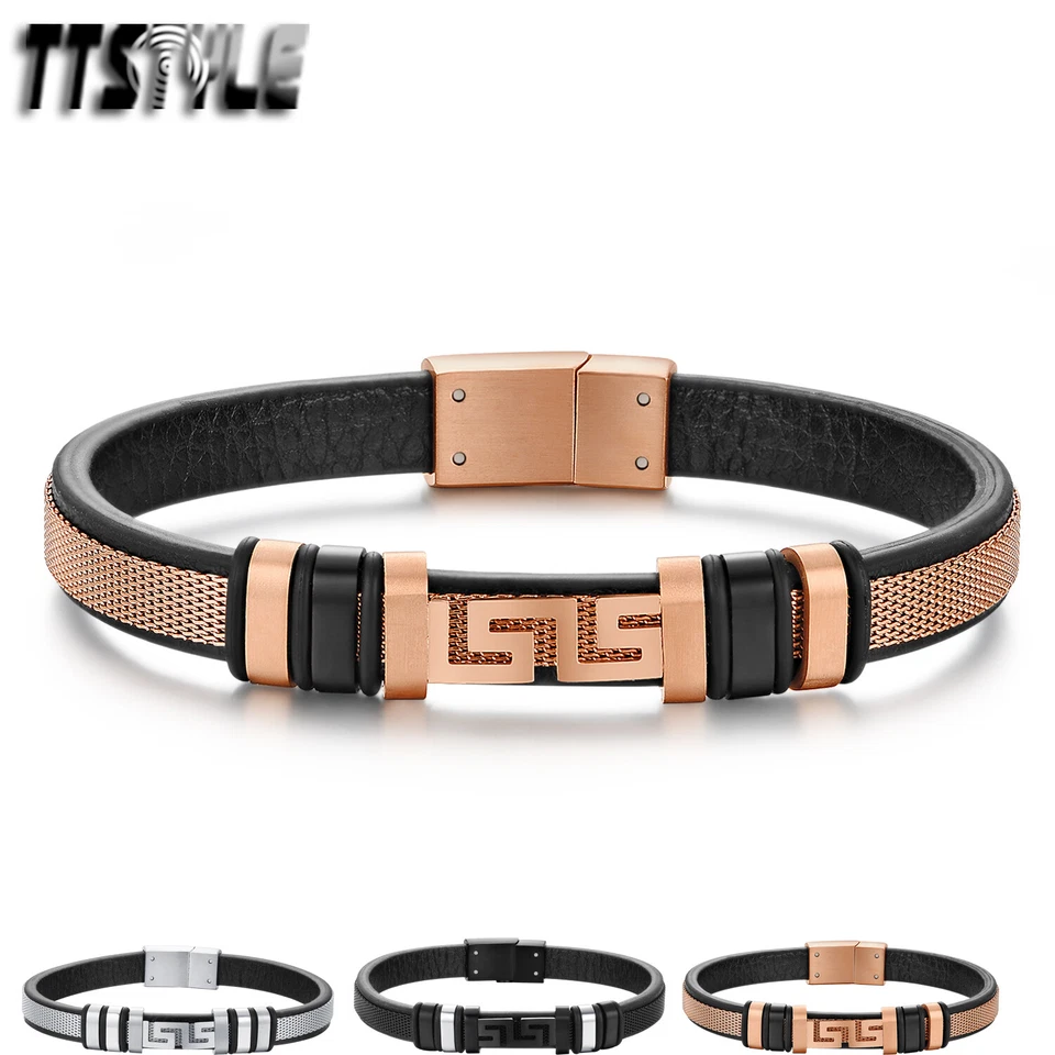 Pulsera con hebilla magnética llave griega de acero inoxidable de cuero negro estilo TT Foto 1 de 1