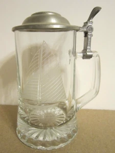 ALWE Columbia Old Spice Glass Beer Stein Pewter Lid w/Etched Ship ~ Heavy - Picture 1 of 14
