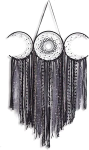 Black Triple Moon Goddess Macrame Wall Hanging, Wicca Crescent Dream Catcher for - Picture 1 of 12