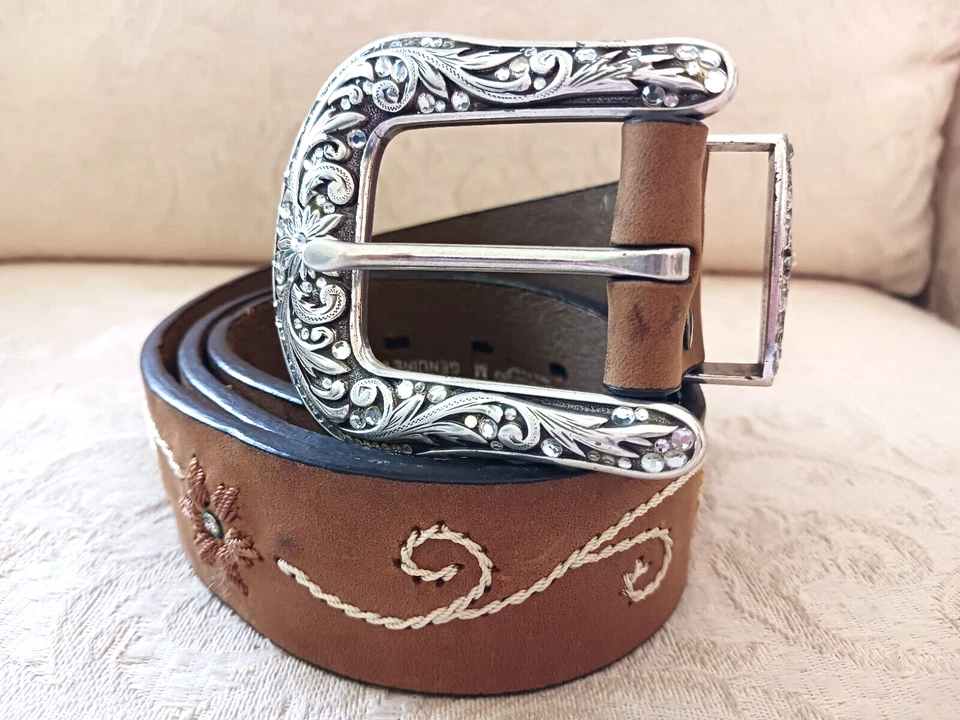 Nocona Sz M 34 Brown Leather Belt w Embroidered Flowers & Crystals Silver Buckle - Image 1 of 4