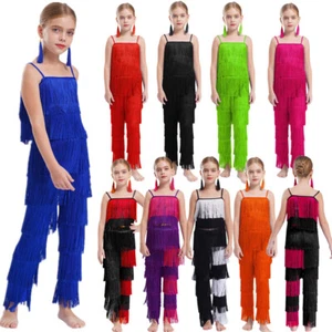 Girls 2 Piece Latin Ballroom Dance Outfits Set Tassel Camisole Fringe Pants - Picture 1 of 84