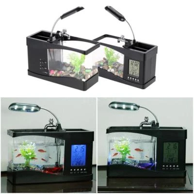 Mini Aquarium Fish Tank 1.5L LED Lamp LCD Display Clock For Office Home Desk - Image 1 of 4