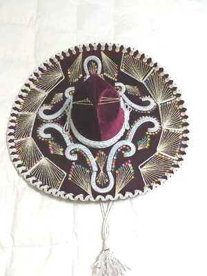 Sombrero Mariachi Terciopelo Auténtico Pigalle Mexicano Borgoña Lentejuelas 24" De Colección Foto 1 de 4