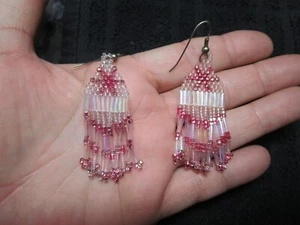Handmade Pink And White iridescence clear Bead Dangle Earrings with star - Picture 1 of 3