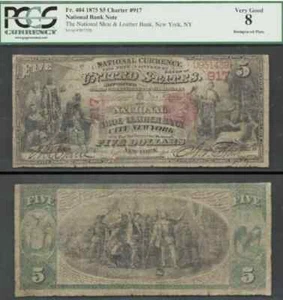 $5 1875 First Charter Shoe & Leather Bank, New York, NY Ch.917 PCGS VG 8 - Picture 1 of 1