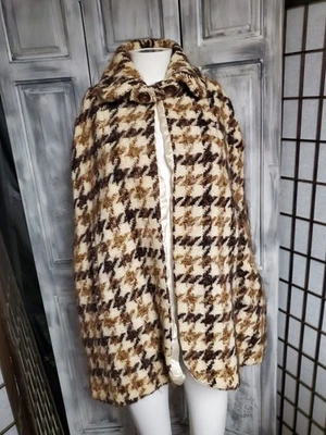 Vtg 60s Mod Poncho Cape Coat Mod  Houndstooth Tweed Wool Mohair Brown ONE Size - Image 1 of 4