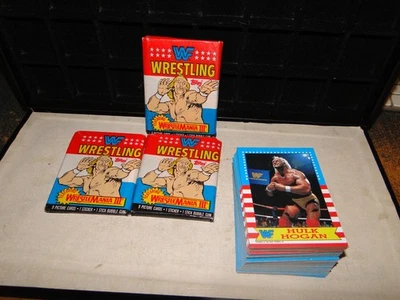Juego de cartas de lucha libre WWF 1987 más 3 paquetes de cera de 1987 tarjetas WWF ABIERTAS SIN GOMA DE MASCAR Foto 1 de 2
