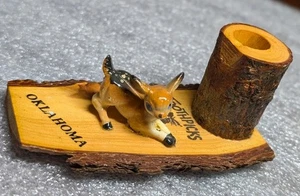 Vintage Souvenir Oklahoma Toothpick Holder Deer Wood - Picture 1 of 10