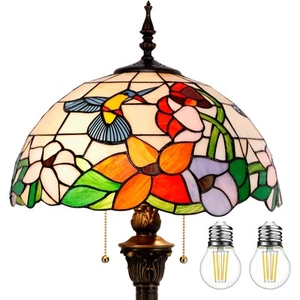 Tiffany Floor Lamp Hummingbird Amber Stained Glass Standing Reading Light 16X... - Picture 1 of 8
