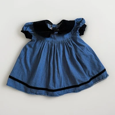 Vestido vaquero vintage para bebé cuello de terciopelo Jo Lene EE. UU. niño pequeño 3T (funciona pequeño) Foto 1 de 4