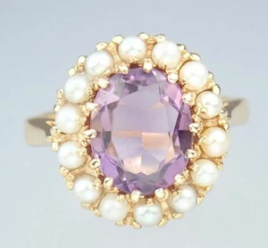 Beautiful Vintage Canadian Solid 14K Gold 2ct Amethyst Pearl Floral Ring Sz 5.75 - Picture 1 of 22