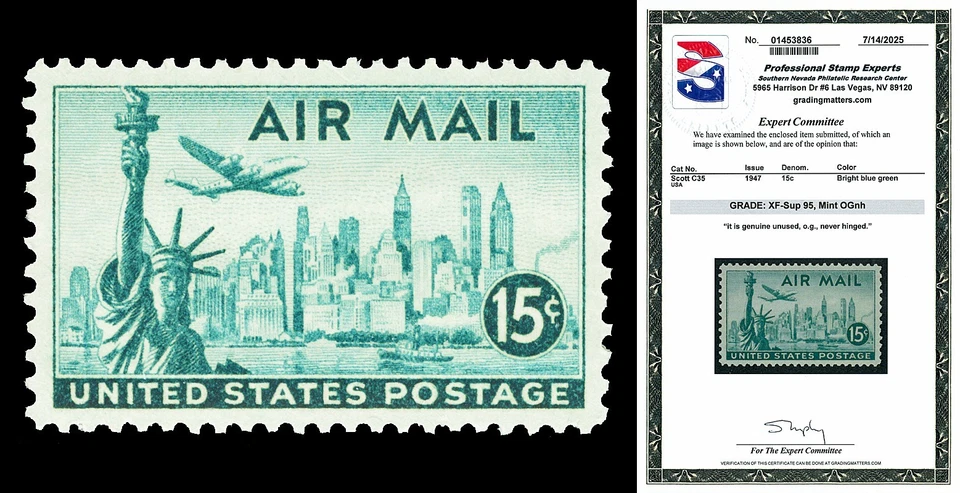 Scott C35 1947 15c Bridge Airmail Issue Mint Graded XF-Sup 95 NH with PSE CERT - Image 1 of 1