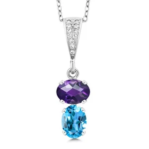 925 Sterling Silver Amethyst and Swiss Blue Topaz Pendant Necklace For Women - Picture 1 of 3