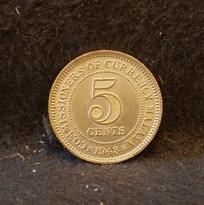 1943 British Malaya silver 5 cents, Royal Mint, George VI, UNC, KM-3a (MA4) - Image 1 of 4