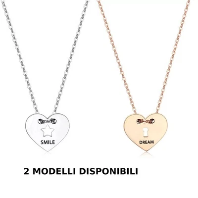 Collana Donna Sagapò Cuore Acciaio o Rosè con Frase Smile Dream SBM39 SBM40 - Immagine 1 di 2