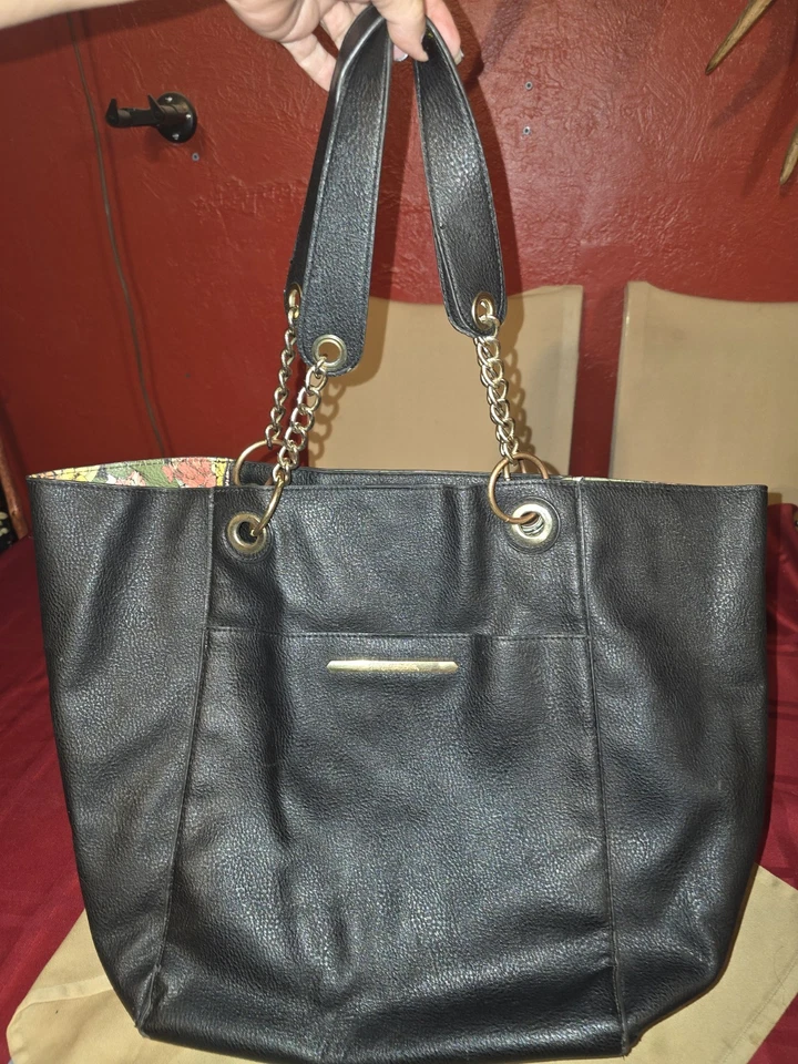 BOLSO DE MANO STEVE MADDEN XL NEGRO correa de cadena forro floral cuero sintético VEGANO Foto 1 de 4