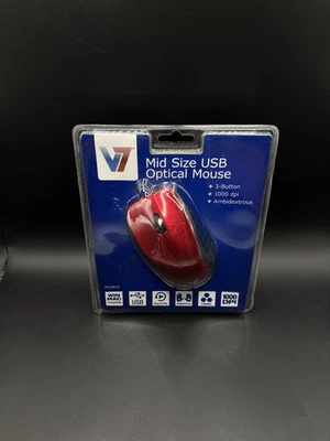 New V7 USB Optical Mouse MV3010 Full Size Wired Plug and Play 3 Button Red Mouse - Image 1 of 3