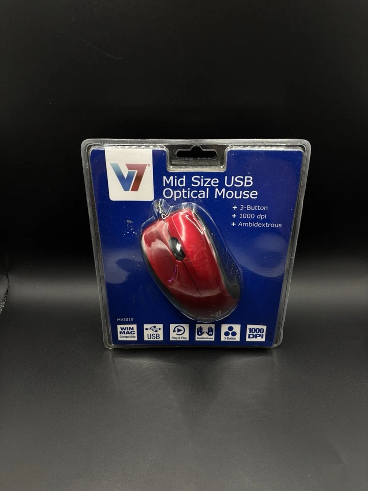 New V7 USB Optical Mouse MV3010 Full Size Wired Plug and Play 3 Button Red Mouse - Image 1 of 3