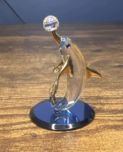 Glass Baron Dolphin With Ball Blue Mirror Figure Figurine Miniature Clear Gold - Picture 1 of 6