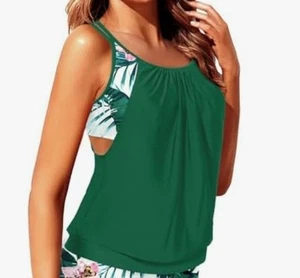 Holipick Women Size L Green Flowers Tankini Blouson Tops Double Up Swimwear NWT - Picture 1 of 12