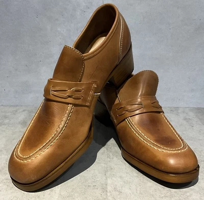 Vintage 1970s Chunky 2” Heel Loafers Brown Leather Mens Shoes Size 9 Made In USA - Image 1 of 4