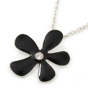 Black Enamel Flower Pendant With Silver Tone Oval Link Chain - 40cm Length/ 7cm - Picture 1 of 4