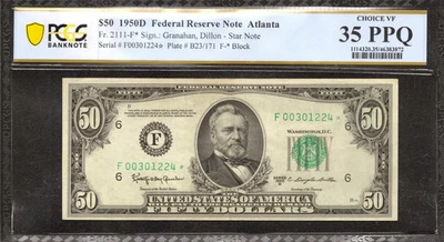 1950 D $50 FEDERAL RESERVE NOTE ATLANTA FR.2111-F* STAR NOTE PCGS 35 CH VF (224* - Image 1 of 2