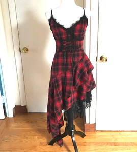 Vestido Punk Gótico Visual Kei Rojo y Negro Cuadros Tartán Dobladillo Asimétrico M - Imagen 1 de 12