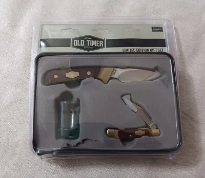 NUEVO Antiguo Temporizador 2 Cuchillos Edición Limitada Set de Regalo Coleccionistas Lata con Vidrio de Disparo LEER Foto 1 de 3