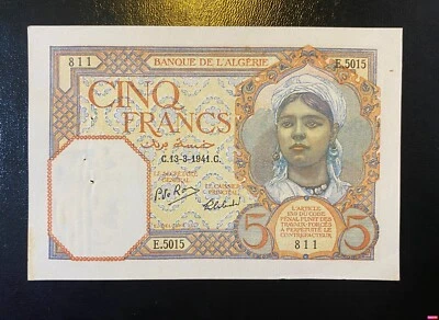 Algeria, 5 Francs, 13-3-1941, P-77b, Banknote UNC-AU - Image 1 of 2