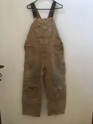Vintage Destroyed Sun Faded Carhartt Insulated Bib Overalls Grunge Work 38  - Image 1 of 3